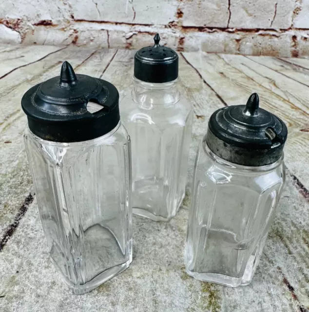 3 vtg glass bottle containers w metal lids kitchen salt cruet