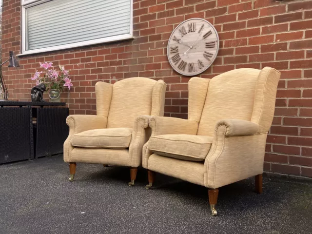 Pair Beige Wingback Armchairs Laura Ashley Southwold DFS Eaton Castors RRP £2000