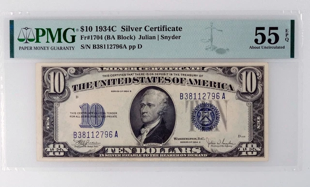 1934 C $10 Silver Certificate Fr 1704 PMG 55 EQP BA Block Serial B38112796A pp D