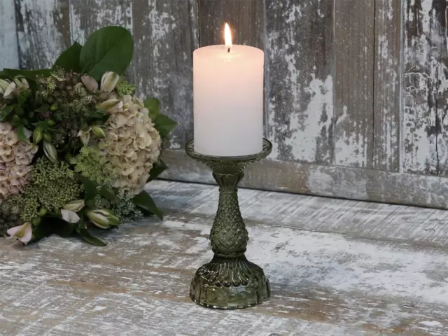 Olive Green Glass Pillar Candle Holder - Glass Candlestick Dinner Taper