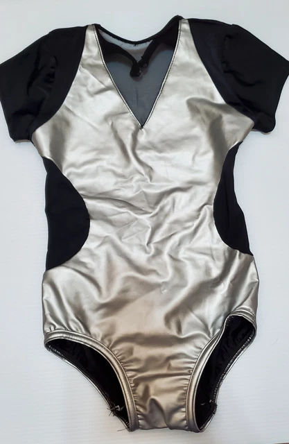 Leotard Silver Black Back Strappy Size fits like Child Medium Dance Ballet Gym