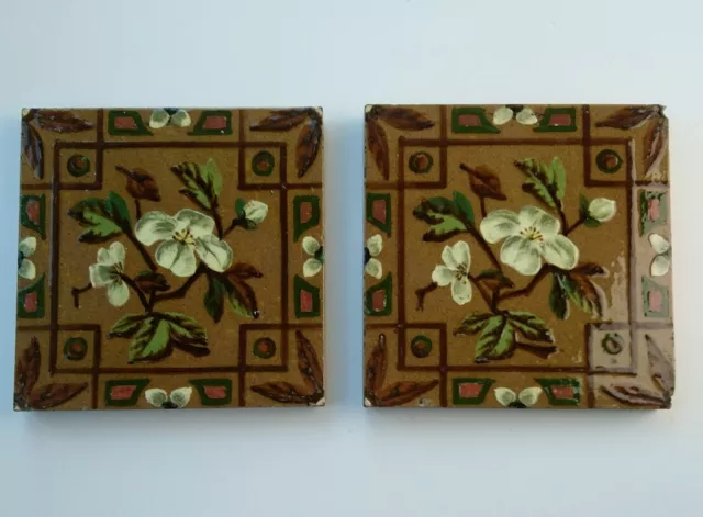 Antique English Tile Pair Hand Painted White Flowers Marked Back 6 inch