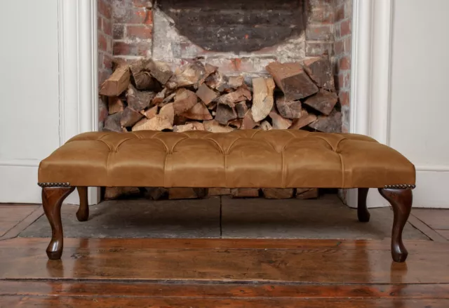 Large Chesterfield Queen Anne Footstool in Vintage Tan Leather Handmade in UK