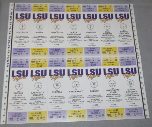 ☆ 1997 LSU Tigers FULL Test Sample Unused BASKETBALL Season Tickets Sheet Set