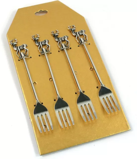 Stag Cake Forks Set Of 4 Silver Tone Christmas Cake Forks Deer Stag