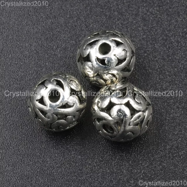 Tibetan Silver Carved Patterned Hollow Connector Round Spacer Charm Beads 8-12mm