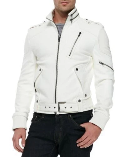 New White Leather Jacket Men Biker Moto Pure Lambskin Slim Size S M L XL XXL