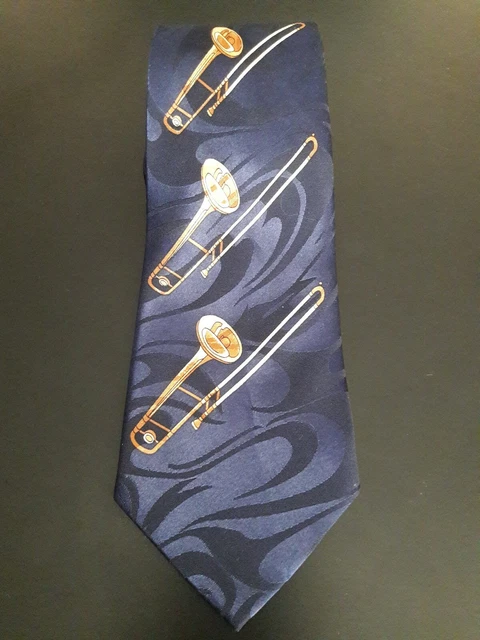 Trombone Slide Tie Navy Blue Gold Brass Band Music Musician Instrument Hand Made