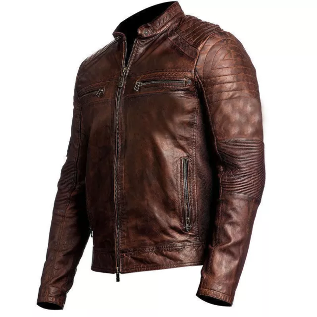 Veste en cuir véritable homme vintage motard moto en détresse café coureur 2