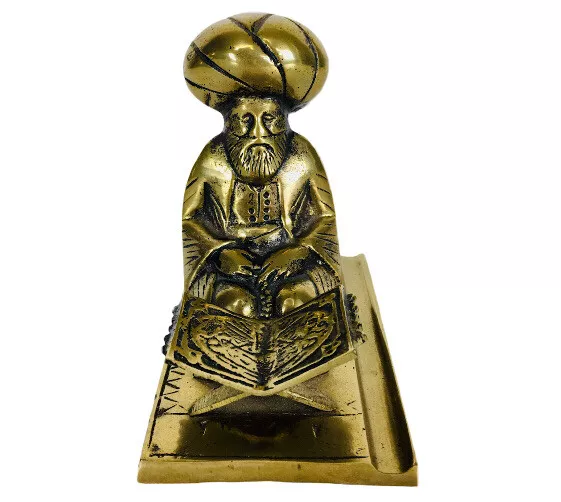 Turkish Man Turban Kneeling Prayer Mat Holy Book Pen Rest Vintage Brass Figurine