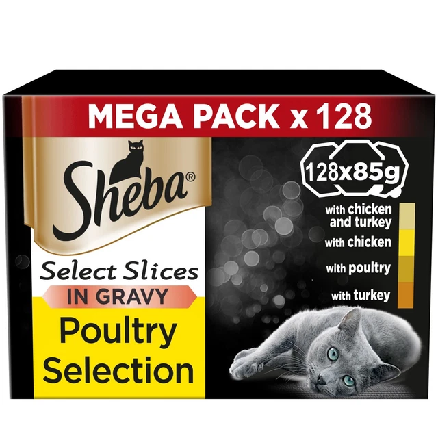 128 x 85g Sheba Select Slices Adult Wet Cat Food Trays Poultry Selection Gravy