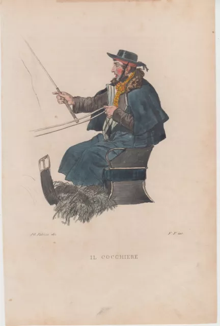 Filippo Palizzi  Il Cocchiere 1853 De Bourcard  bulino acquarellato