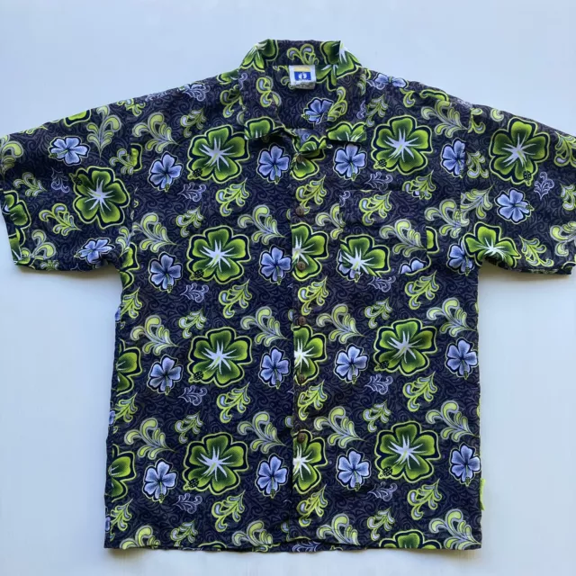 Vintage Hang Ten Button Up Shirt Mens 16 Green Blue Floral Hawaiian Surf 90s Y2K