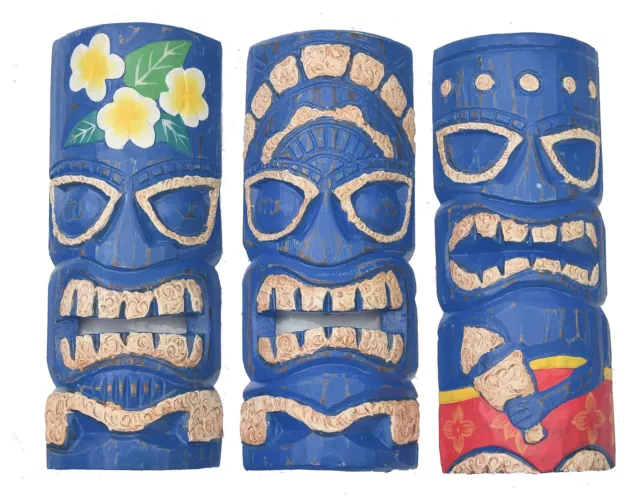 3 Maschere Parete Tiki 30cm in Legno 3er Set Hawaii Tribale Maui