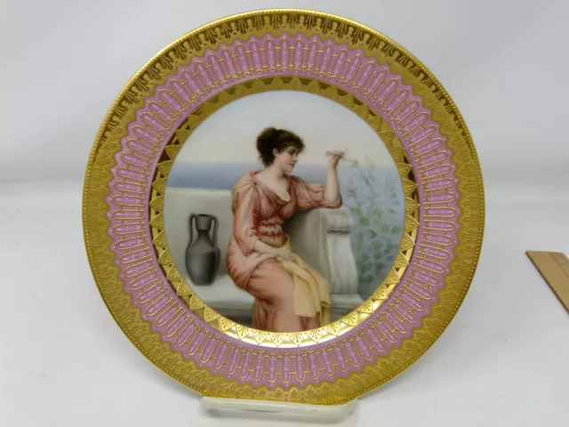 Royal Vienna Portrait Woman on Bench with Gold & Pink Border 9 1/2" Plate