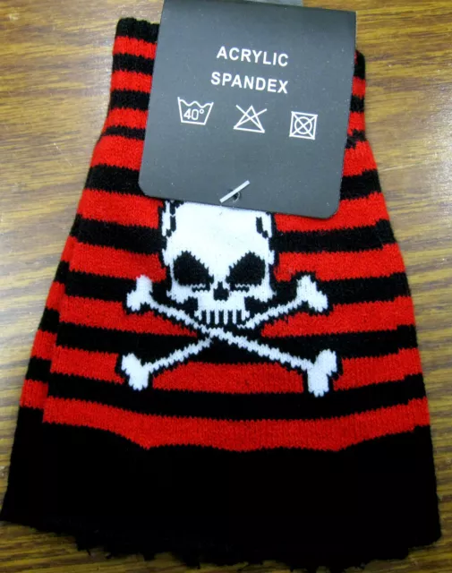 Red & Black Stripes White Skull&Crossbones Hand Cutoff Knit Fingerless Gloves