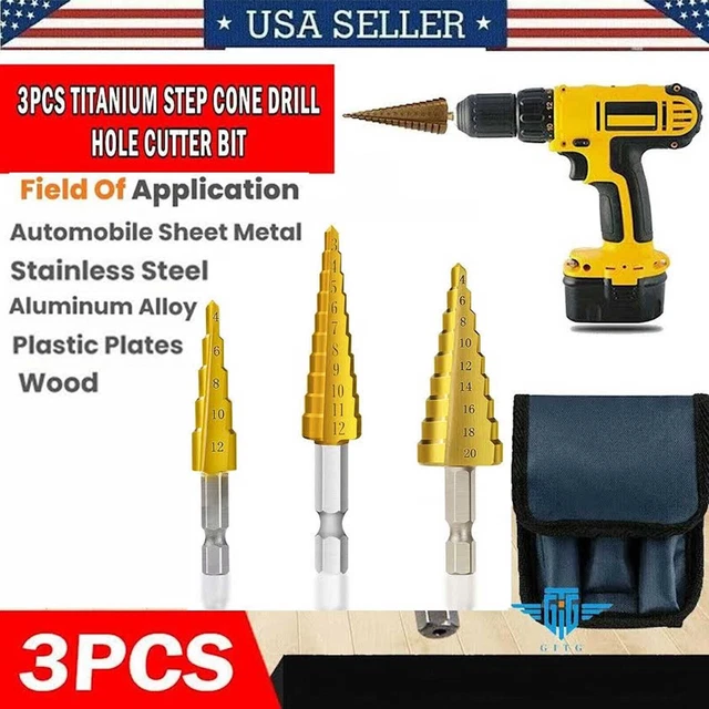 3Pcs Drill Bit Set Titanium Nitride Coated Steel Step Quick Change 1/4 Shank MM