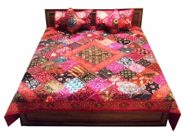 5 Pc Red Antique Sari Bead Sequin Kundan Throw Bedspread Coverlet Blanket Quilt