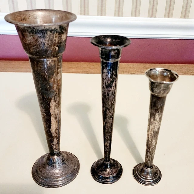 3 Sterling Silver Weighted Cement Filled Vases Peacock Newport Alvin 262 Grams