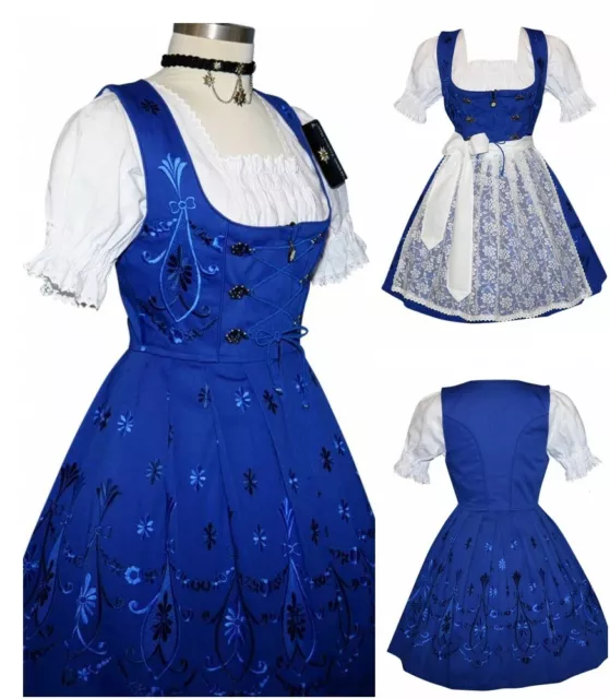 S 6 German Dirndl Blue Dress Short Oktoberfest Waitress Party Women EMBROIDERED