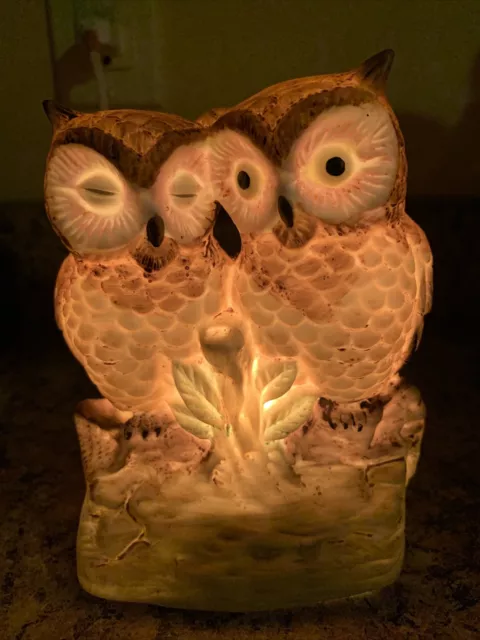 Ceramic Porcelain Night Light 2 Owls Birds On Branch Vintage Collectible