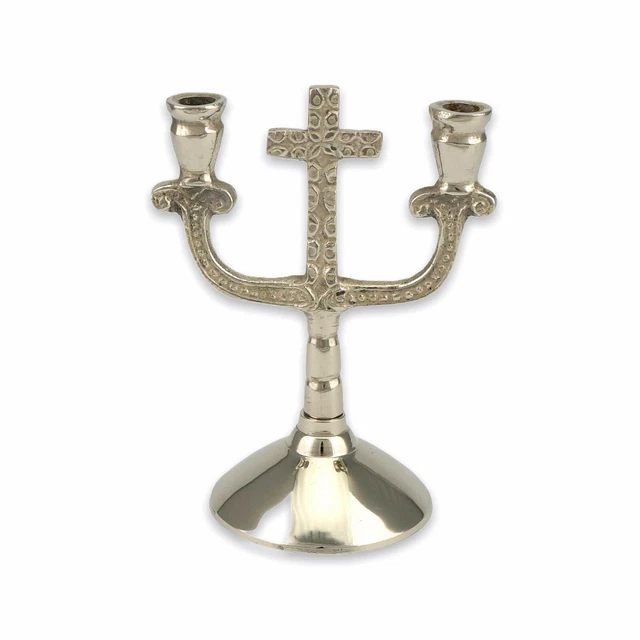 Double Brass Candle Holder - Silver Orthodox Candlestick, Christian Church