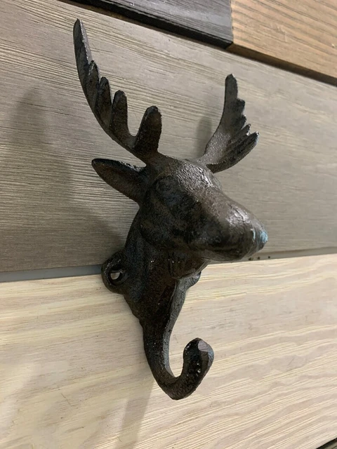 Antique Cast Iron Wall Hooks Brown Moose Head Coat Hat Towel Hanging Rustic 2