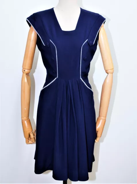 French Vintage 40s sleeveless navy blue rayon dress size 6 Handmade in France