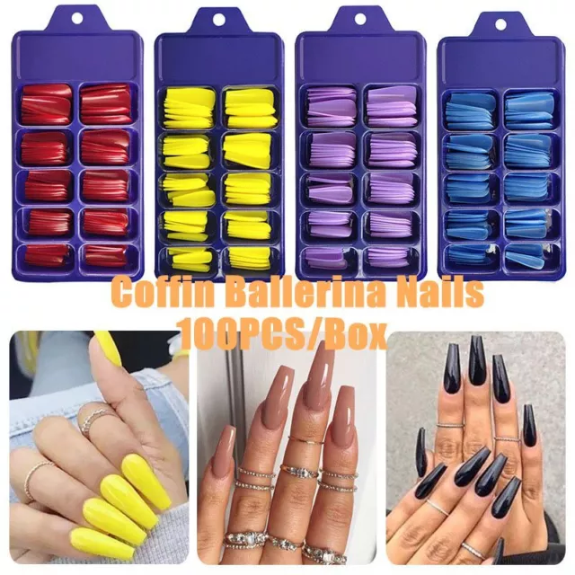 100PCS Long Cercueil Faux Ongles Embouts Français Naturel Art Acrylique Au *