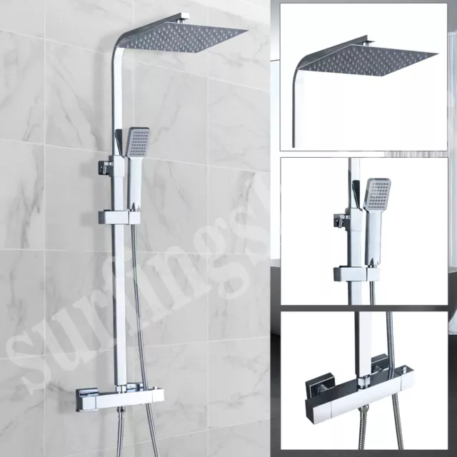 Bathroom Thermostatic Exposed Shower Mixer Twin head Large Square Bar Set Chrome