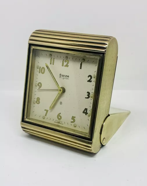 Stunning Solid Brass Art Deco Folding Mignon Travel Alarm Clock by Swiza