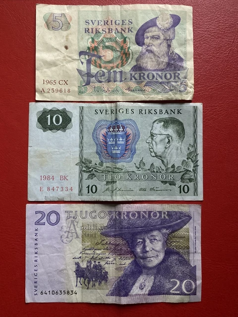 Sweden 5/10/20 Kronor Crown Banknotes 1965/1984
