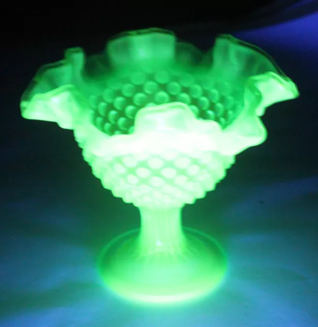 Vintage Fenton Opalescent Green Hobnail Vaseline Compote Candy Dish 6"