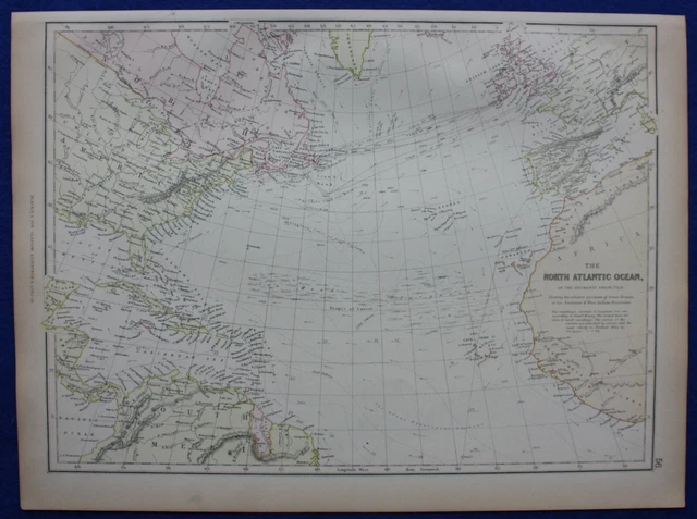 NORTH ATLANTIC OCEAN, CURRENTS, DEPTHS, original antique map, Blackie, 1882