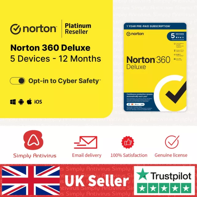 Norton 360 Deluxe Antivirus 2024 VPN 5 Devices 1 Year 5 Minute EMAIL Delivery