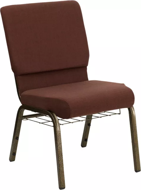 10 PACK 18.5'' Wide Brown Fabric Church Chair with Book Rack and Gold Vein Frame