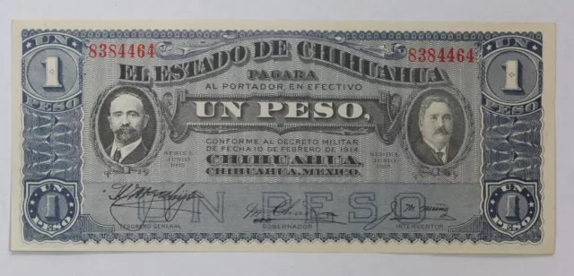 1915 Mexico Revolutionary War 1 Peso Note Chihuahua State S#530e 3PLO