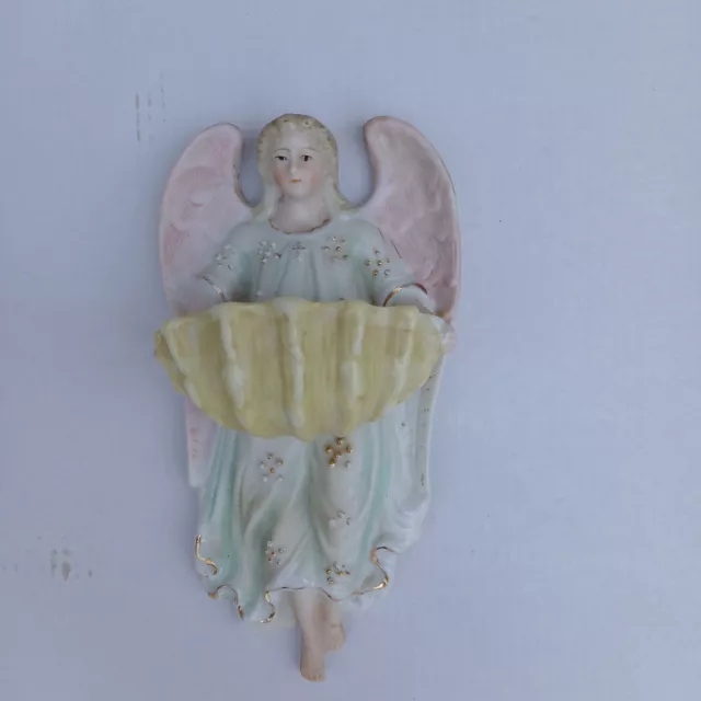 Ancien Benitier Representant Un Ange En Biscuit Polychrome Vers 1900