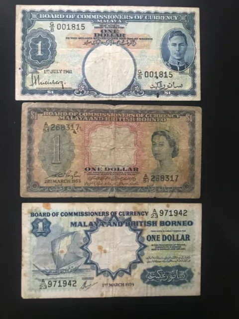 Malaya and British Borneo 1 Dollar Banknotes 3Pcs/Set Circulated Old Bank Bills