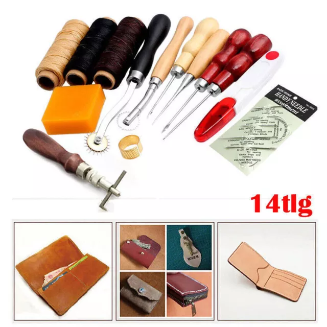 14tlg Leder Werkzeug Ledernadeln Lederhobel Stitching Sattler DIY Handwerk Set