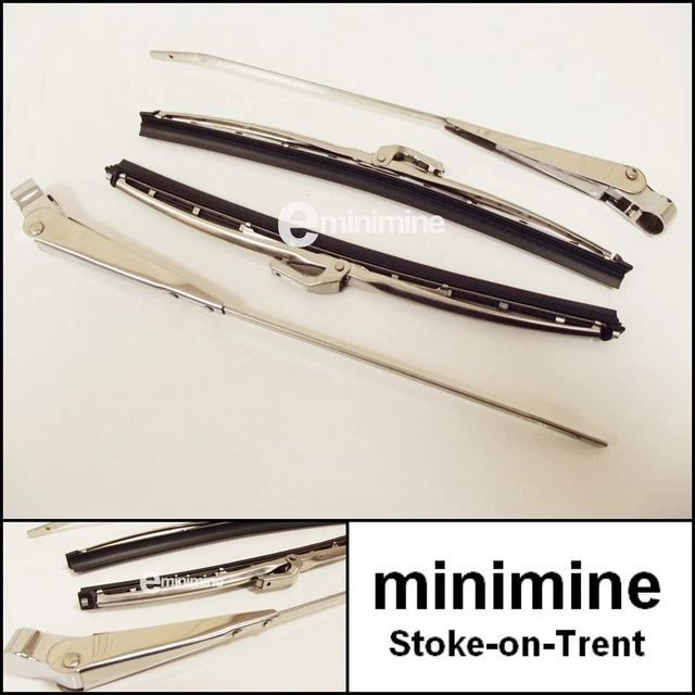 Classic Mini Stainless Steel Windscreen Wiper Arms, Blades & Trims - 11" & 22" Set