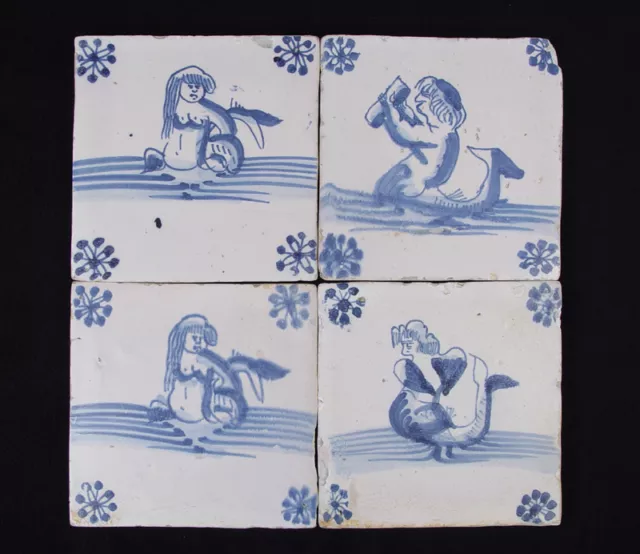 Antique Set of 4 Dutch Delft Tile Sea-Creatures Circa 1650