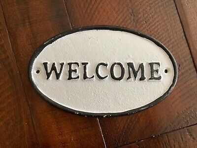 Pottery Barn "Welcome" cast iron metal Sign White Black New