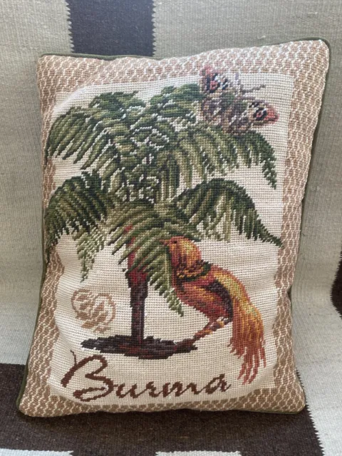 Vintage Burma Needlepoint Throw Pillow Bird of Paradise Myanmar Palm Antique