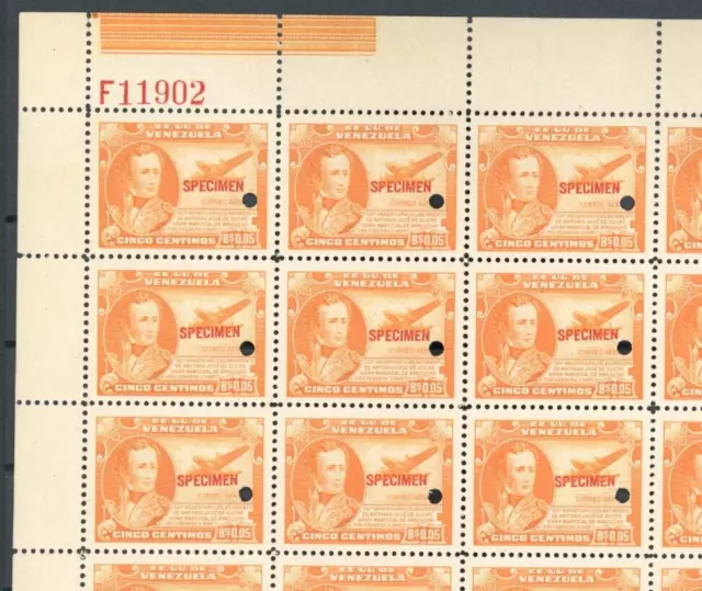 VENEZUELA Air Mail Stamp 5c SUCRE (1945) ABNCo F11902 SPECIMEN Block {20} ZS20