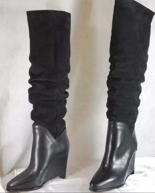 37/7❤️Maison Margiela Wedge Black Suede Leather Slouch Over The Knee Boots Italy