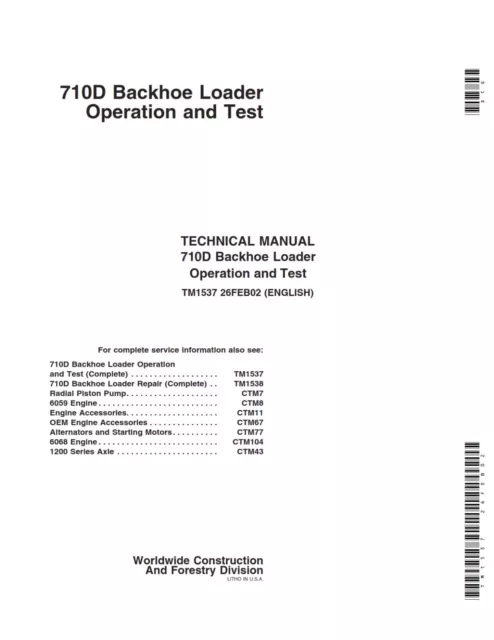 John Deere 710D Backhoe Loader Hydraulic System Service Repair Manual TM1537 CD