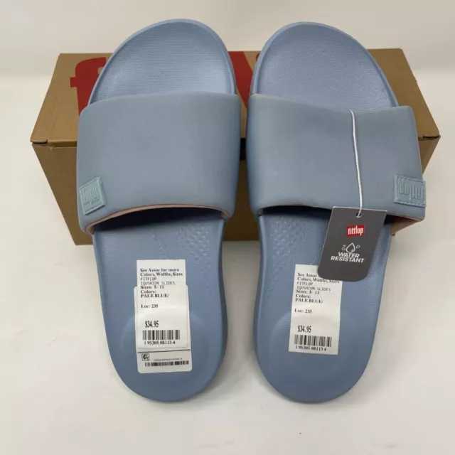 Fitflop Womens Iqushion Slides Sandals Blue Stretch Flat Heel Slip On 6 New K-2