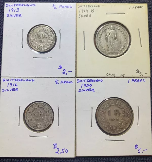 4 Switzerland Silver Coins 1913 1/2 Franc 1914B 1 Franc 1916 1/2 Franc & 1920 Fr