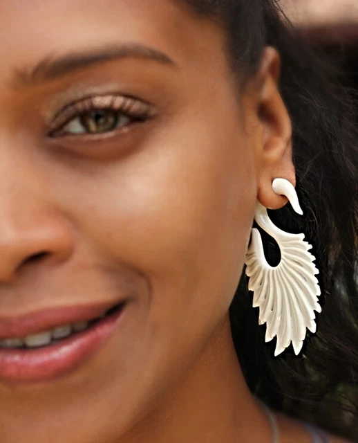 Fake Ear Gauge Exotic Carved Handmade Tribe Split Hook Unique Angel Wings Inlay
